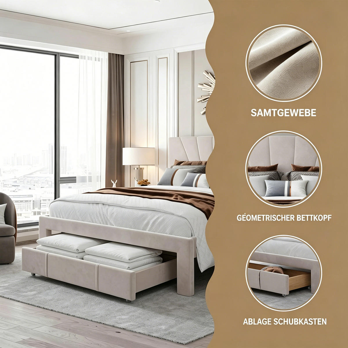 POLSTERBETT 140x200 mit stauraum, jugendbett, bettgestell 140x200 mit Schublade, höhenverstellbares Kopfteil, Lattenrost, Samt, beige - Beige, Holz/Textil (140/200cm) - GENKI LIVING