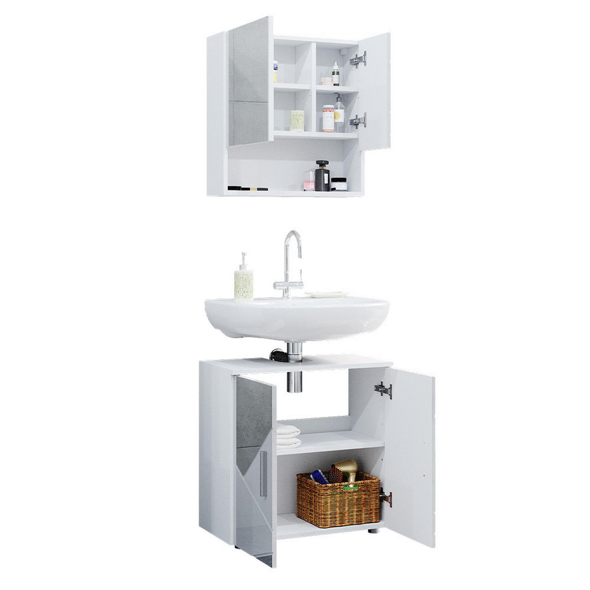 BADMÖBEL-SET Irma Weiß 2 Teile, Unterschrank 60 cm - Weiß Hochglanz/Weiß, Holzwerkstoff (80/58.6/41cm) - Vicco