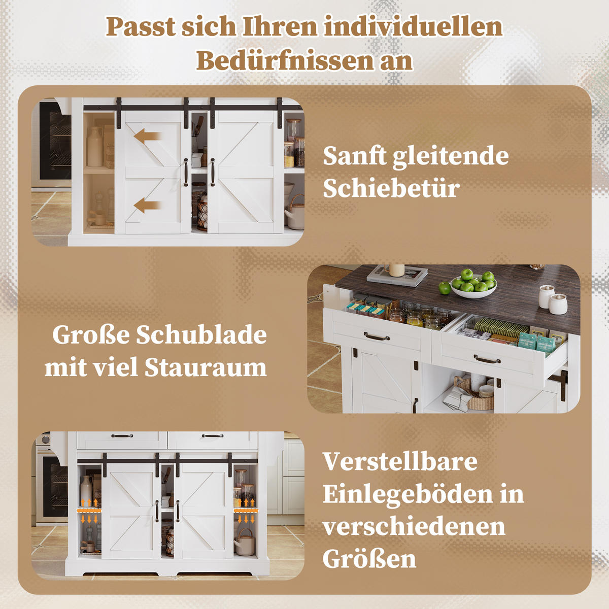 KÜCHENINSEL 120/45(70)/91 cm Weiß mit 2 Schiebetüren, 2 Schubladen, Klappbarer Arbeitsplatte und Rollen - Weiß, Holz/Holzwerkstoff (120/91/70cm) - Oxeza