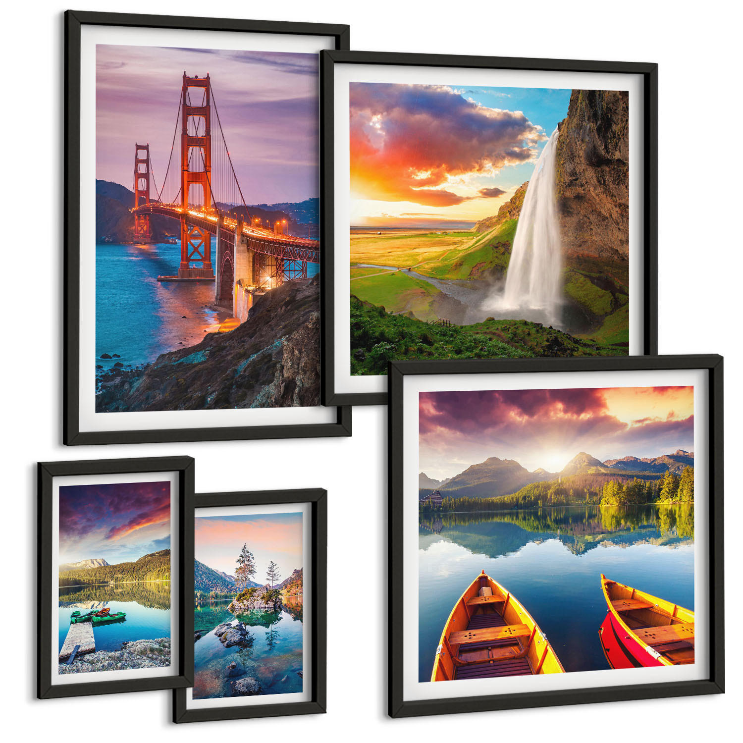 BILDER SET 5er Set - 50x50 cm & 20x30 cm & 40x60 cm Schwarzer Rahmen - Bergseen, Boote, Brücken - Schwarz, Kunststoff (40/60cm) - TULUP