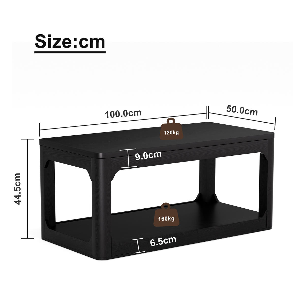COUCHTISCH in Schwarz mit 2 Ablagefächern und 3 cm starker Tischplatte für Wohn- und Schlafzimmer, B100/T50/H44,5 cm - Schwarz, Holzwerkstoff (50/100/44.5cm) - STILVORA