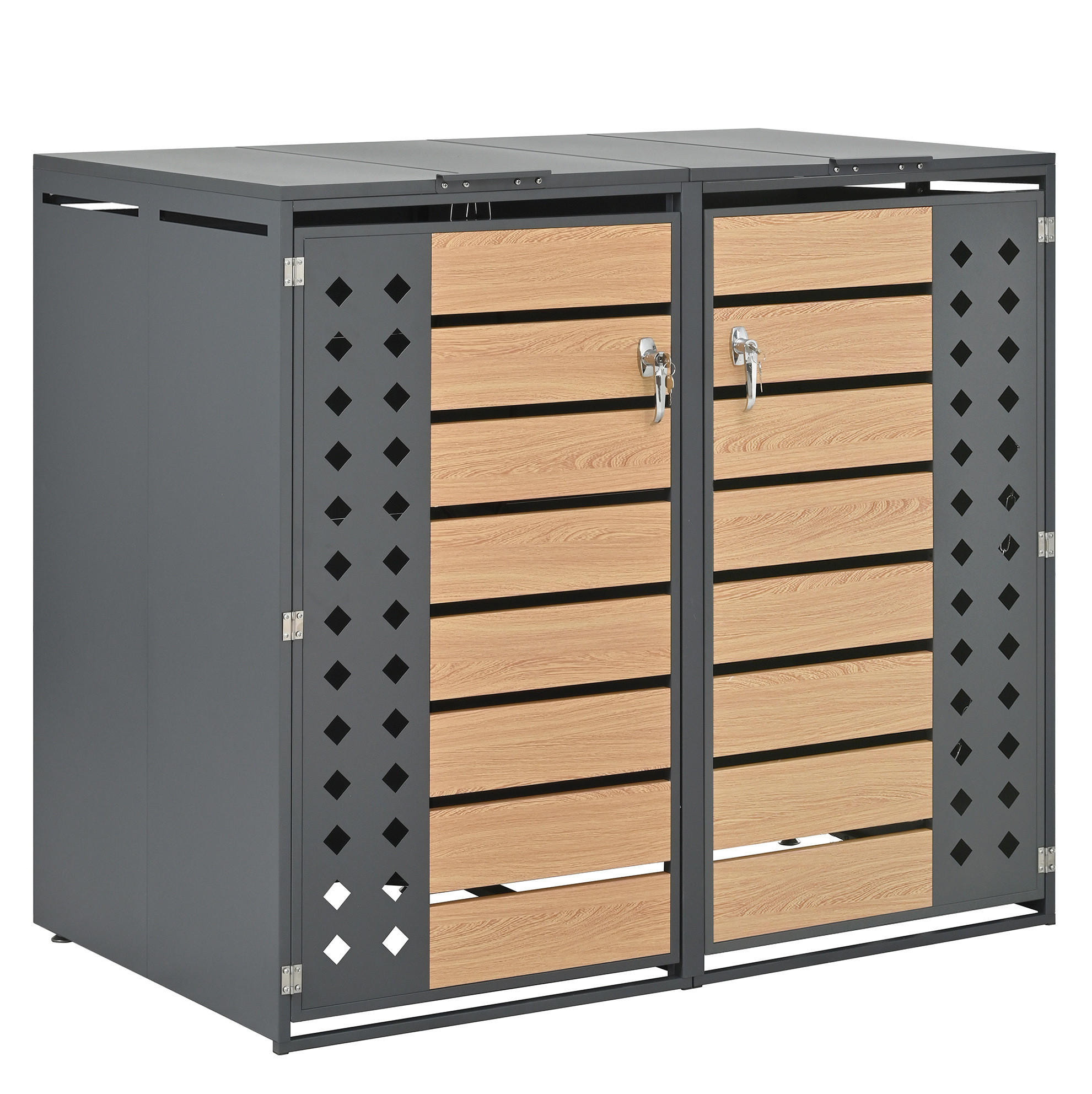 MÜLLTONNENBOX aus Stahl in Grau Holzoptik mit hydraulischem Klappdeckel - Grau, Metall (132/118.5/80cm) - Modfu