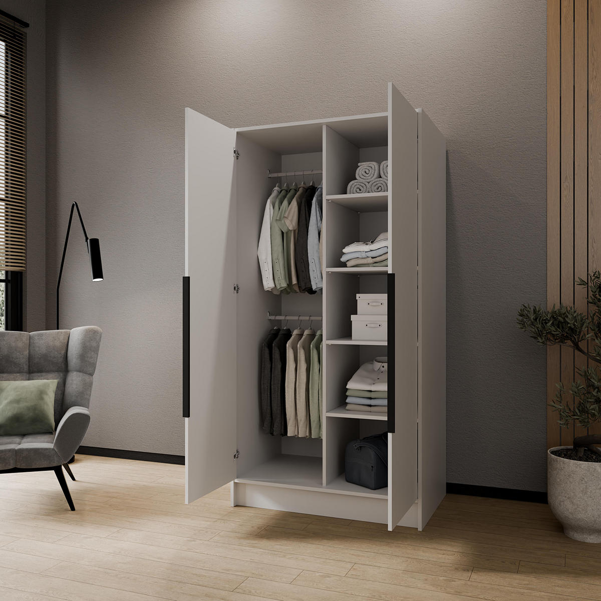 FLÜGELTÜRENSCHRANK LUSSO - Schwarz/Weiß, Holzwerkstoff (102/200/51cm) - Meblini