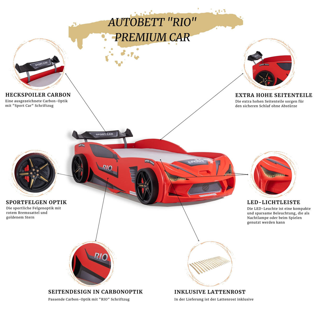 AUTOBETT 90x200 Rio Kinderbett mit LED Leuchte und Lattenrost - Rot, Holzwerkstoff (90/200cm) - Aileenstore