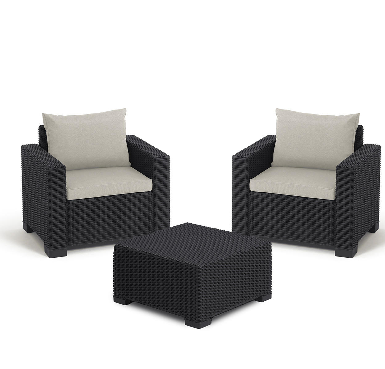 GARTENSOFA California 3-teilig Sessel mit Tisch inkl. Kissen - Anthrazit, Kunststoff - Allibert