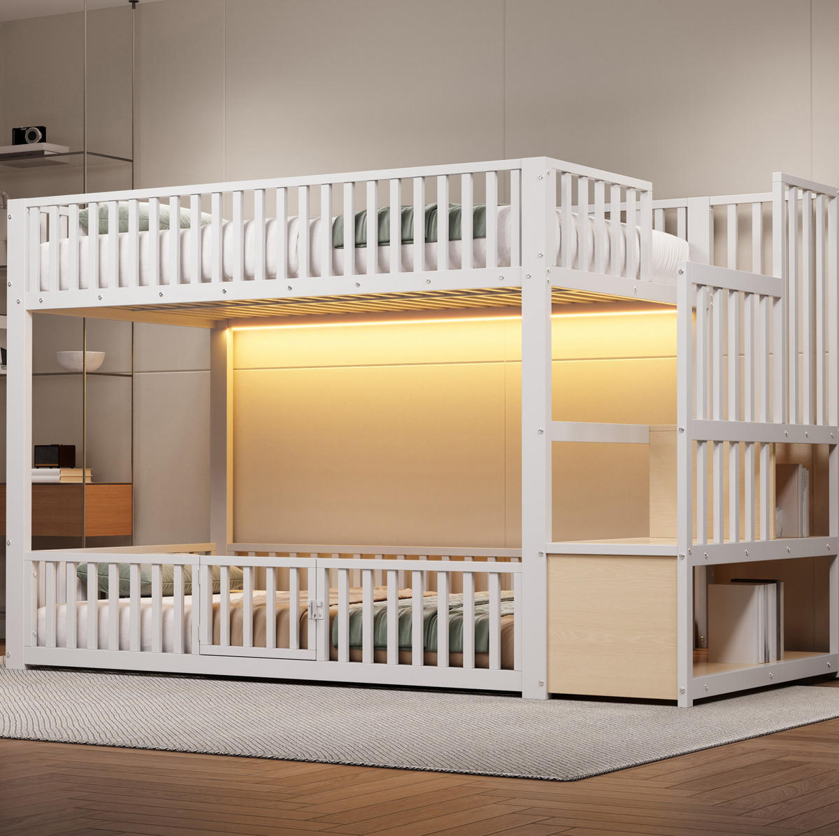 PATROVÁ postel 90/200 cm bílá z MDF a kovu s LED a úložným schodištěm - bílá, kompozitní dřevo (90/200cm) - OKWISH