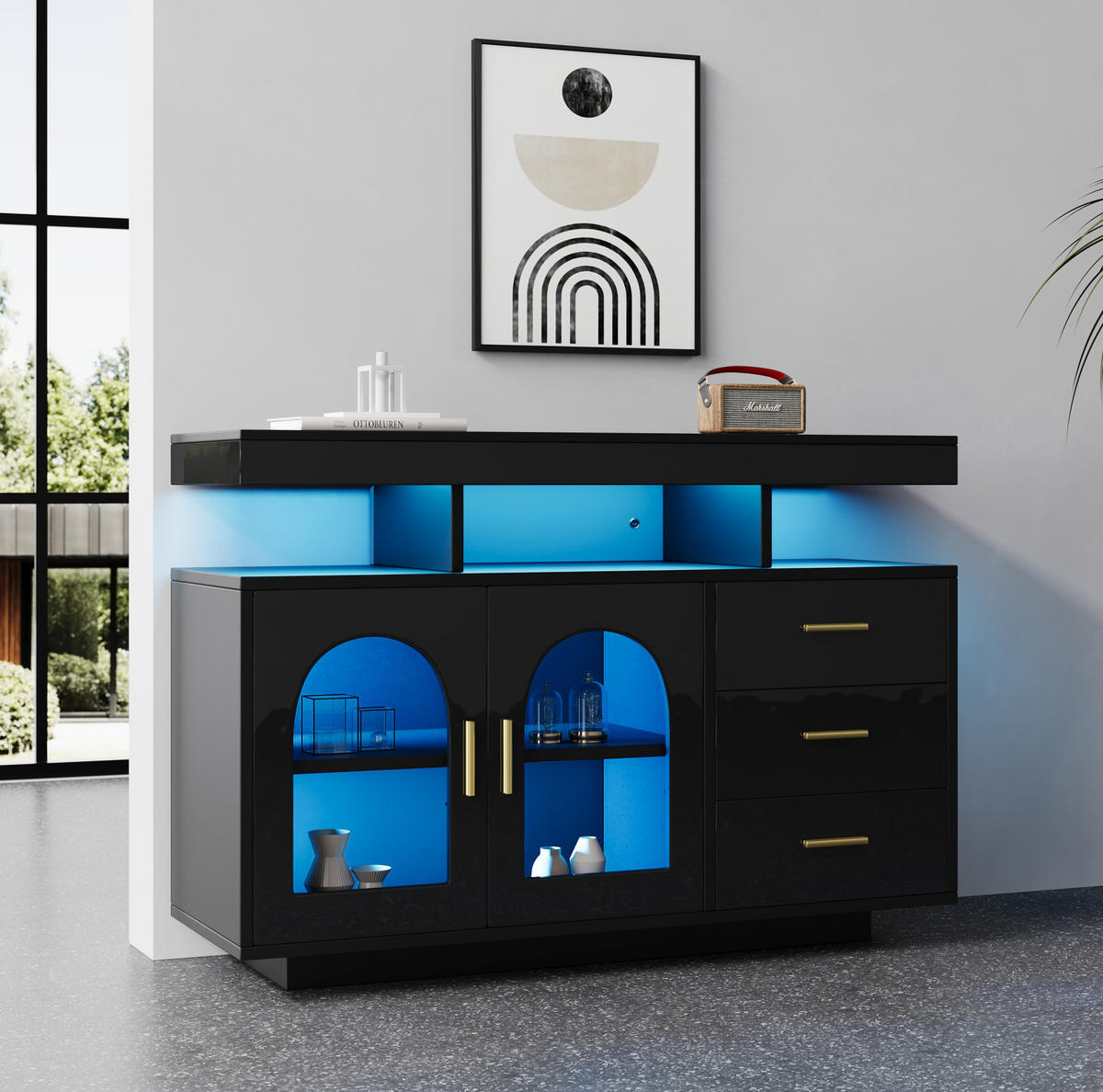 SIDEBOARD 120/40/80 cm mit 3 Schubladen, 2 Türen, LED-Beleuchtung und Hochglanzfront, Schwarz - Schwarz, Holzwerkstoff (120/80/40cm) - Redom