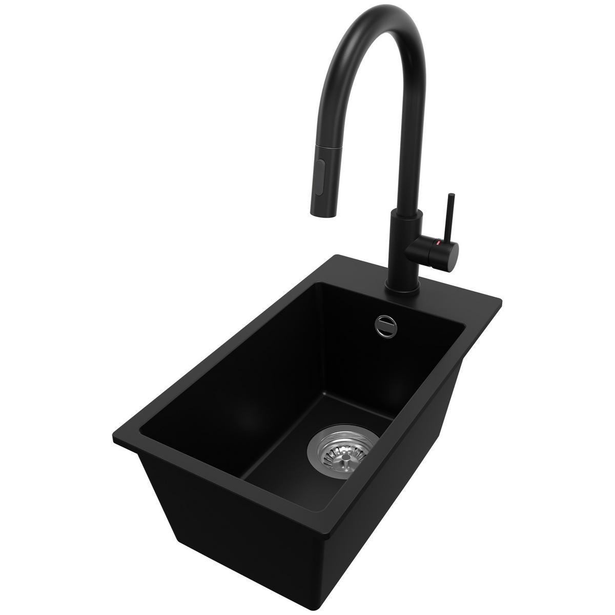 GRANITSPÜLE Riga, 2-er set Schwarz 28/50 cm 1 Becken + Küchenarmatur 40/20 cm + Ablauf-Set ab 30er Unterschrank - Chromfarben/Schwarz, Kunststoff (28/20/50cm) - Primagran