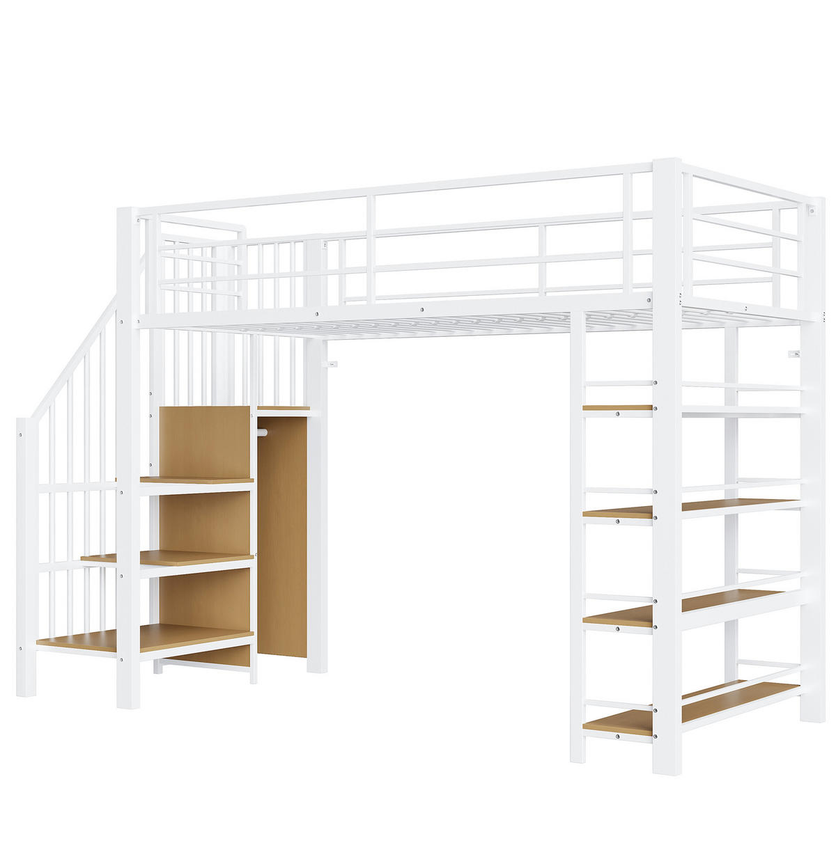 HOCHBETT aus Metall 90x200 cm Weiß mit Stauraumtreppe, Garderobe und Regalen - Weiß, Metall (90/200cm) - IVMEU