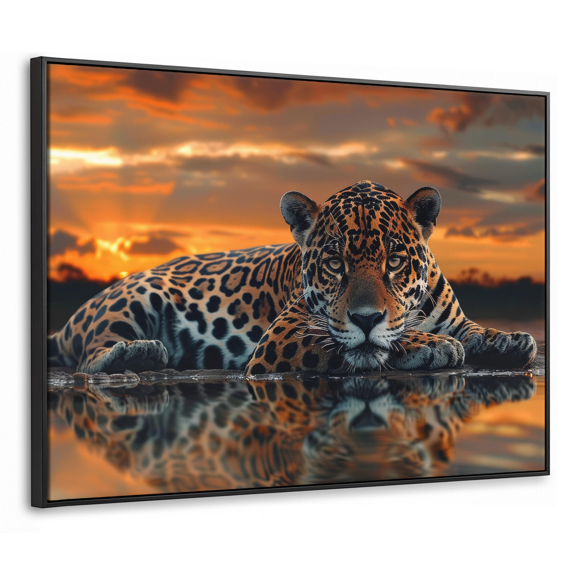LEINWAND Bilder mit Rahmen - Natur - Leopard - Tier - Sonnenuntergang - Modern - 100x70 - Orange, Textil (100/70cm) - MuchoWow