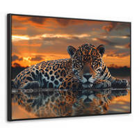 LEINWAND Bilder mit Rahmen - Natur - Leopard - Tier - Sonnenuntergang - Modern - 100x70 - Orange, Textil (100/70cm) - MuchoWow