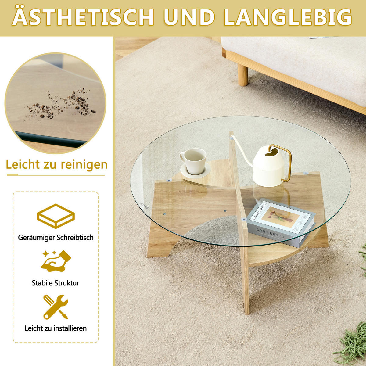 COUCHTISCH 80/36 cm transparent Naturholz aus MDF und Sicherheitsglas mit fächerförmigem Gestell - Naturfarben, Holzwerkstoff (80/80/36cm) - OKMYHOME