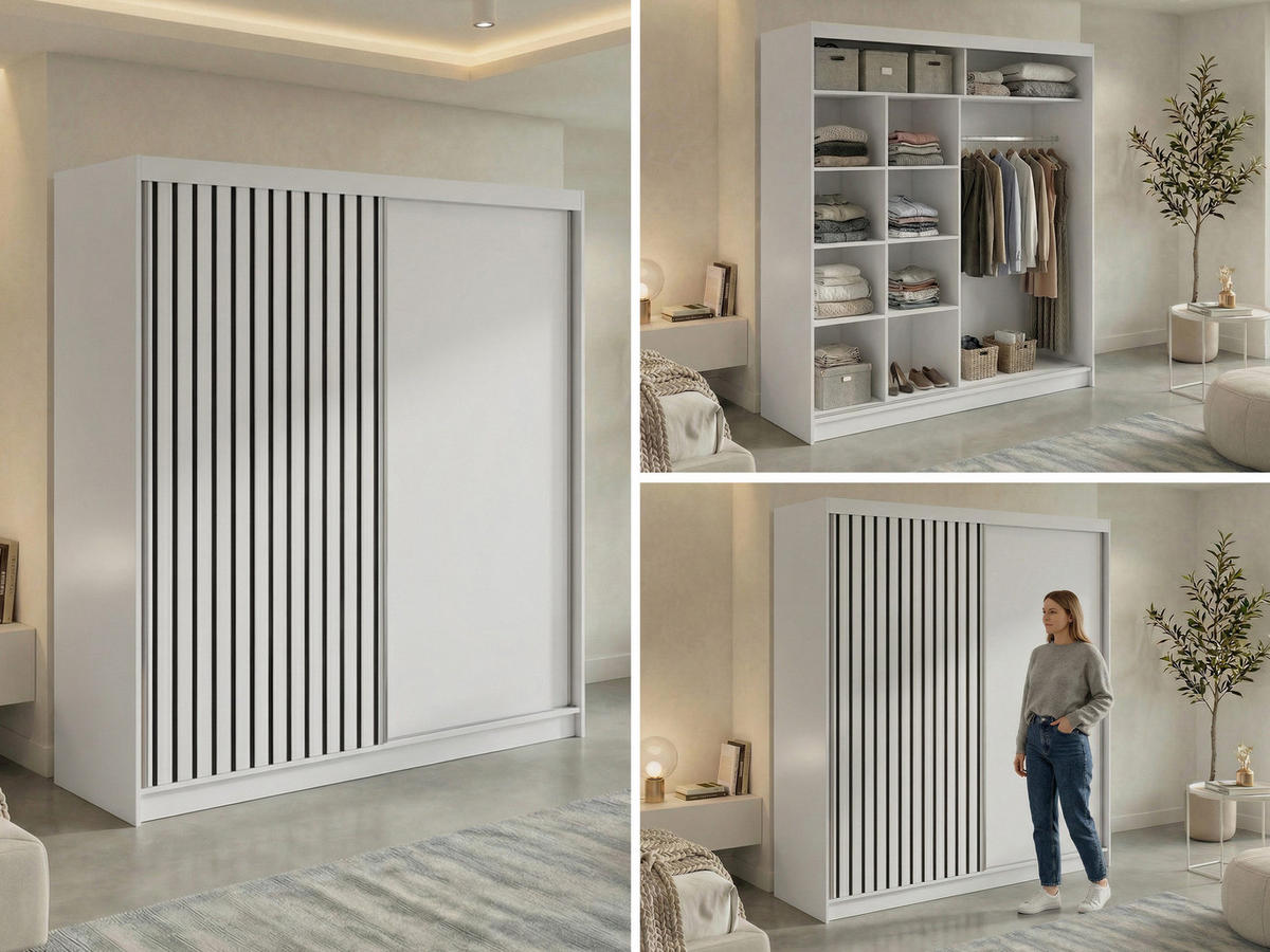 SCHWEBETÜRENSCHRANK mit Lamellen LUMOS - 200 - Weiß und Schwarz - Schwarz/Alufarben, Holzwerkstoff/Metall (200/216/61cm) - MKS