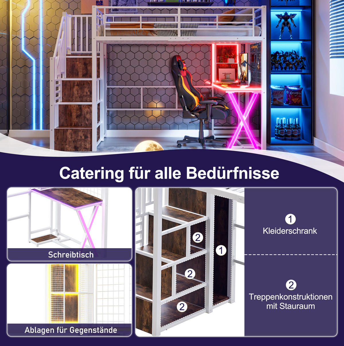 HOCHBETT 90/200 cm aus Metall und MDF mit Schreibtisch, Kleiderschrank und LED-Beleuchtung Weiß - Weiß, Metall (90/200cm) - Modenvie
