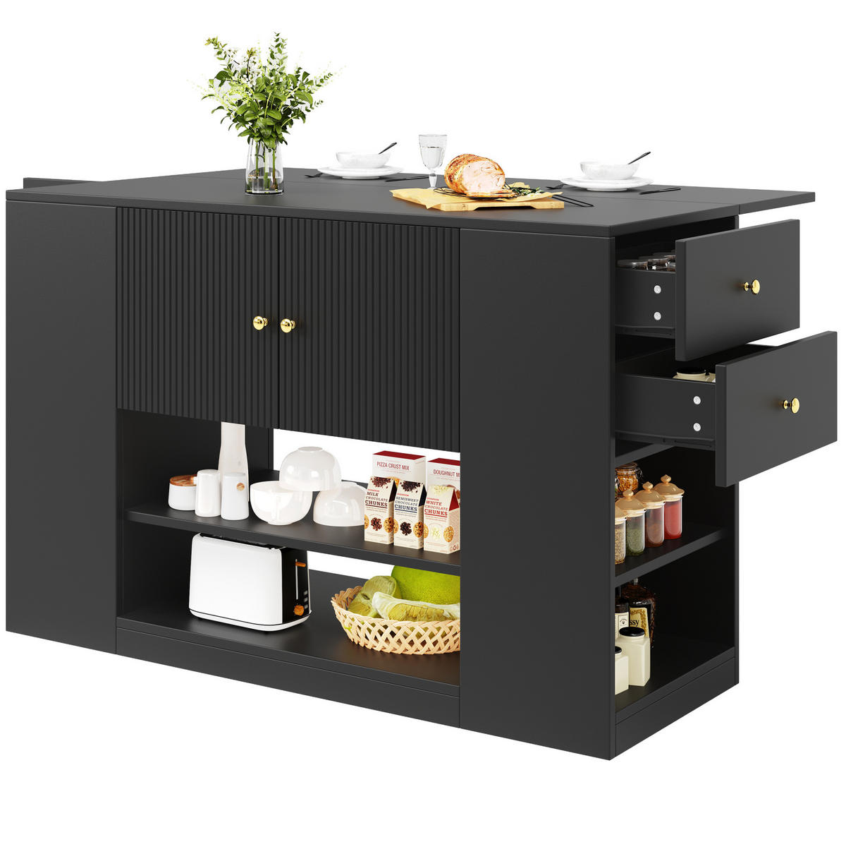 KÜCHENINSEL 140/40/90 cm aus MDF mit klappbarer Tischplatte Schwarz - Schwarz, Holzwerkstoff (140/90/70cm) - Modenvie
