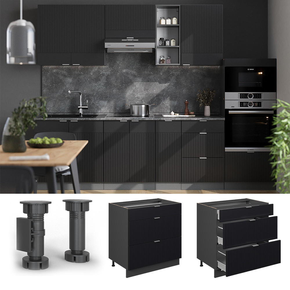 KÜCHENUNTERSCHRANK Fame-Line, Schwarz gestreift, 80 cm mit 3 Schubladen, AP Marmor - Anthrazit/Schwarz, Holzwerkstoff (80/82/60cm) - Vicco