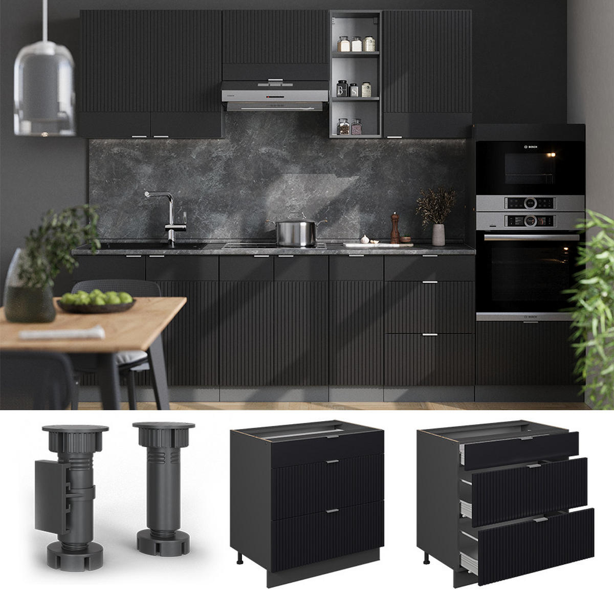 KÜCHENUNTERSCHRANK Fame-Line, Schwarz gestreift, 80 cm mit 3 Schubladen, AP Eiche - Anthrazit/Schwarz, Holzwerkstoff (80/82/60cm) - Vicco