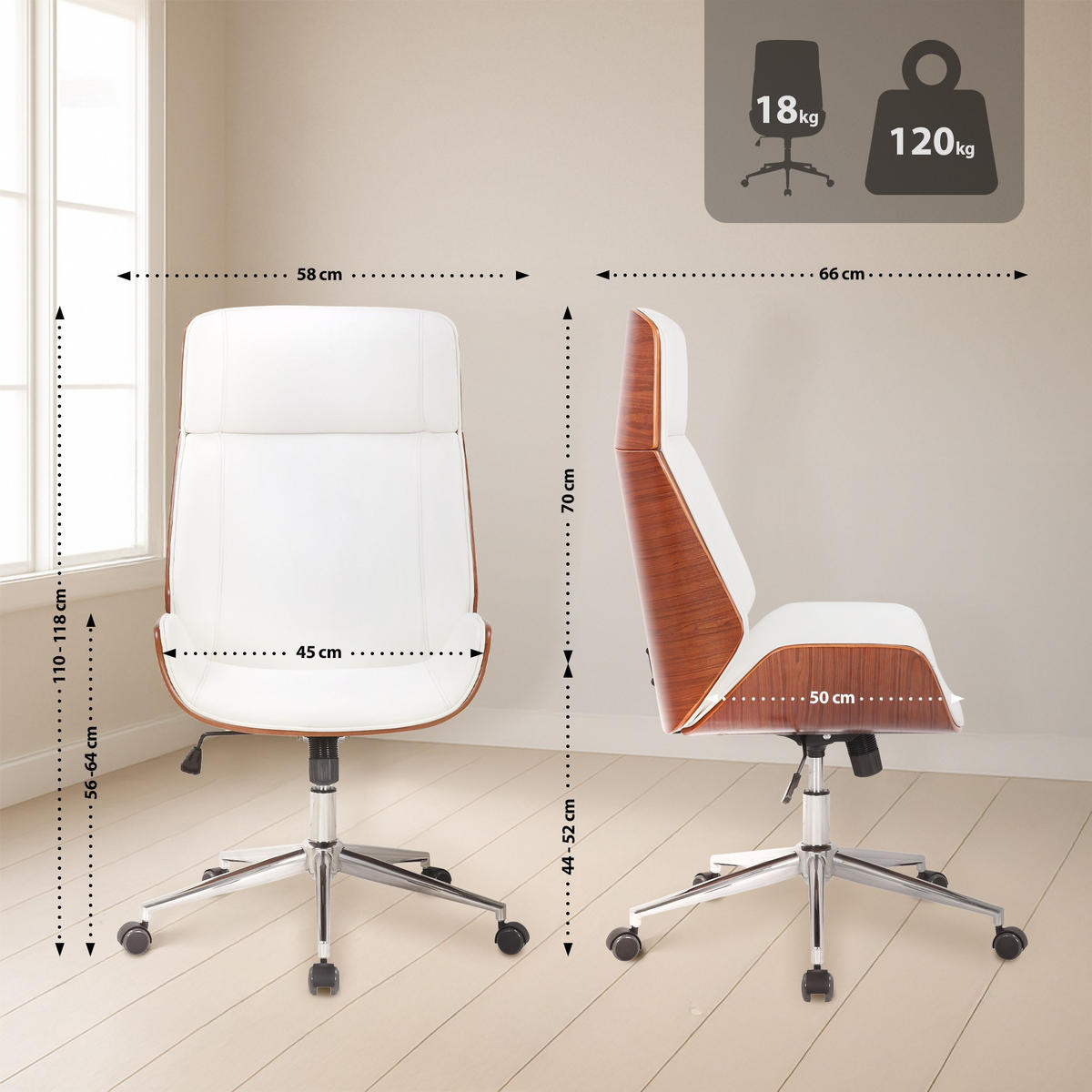 DREHSTUHL Lederlook Walnuss/Weiß - Chromfarben/Walnussfarben, Textil/Metall (58/110/66cm) - CLP