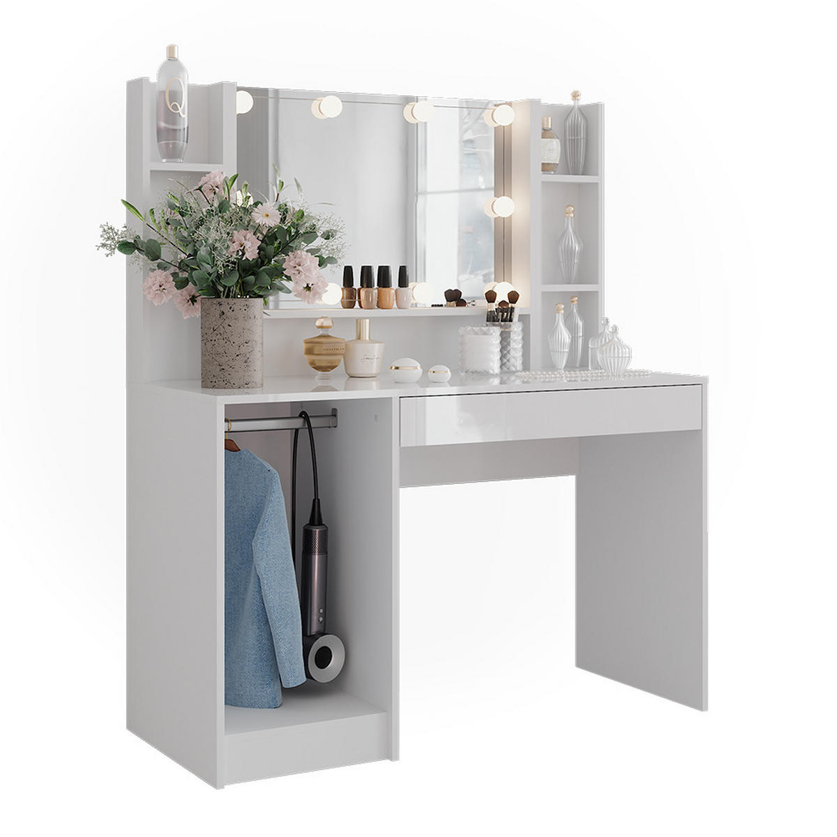 SCHMINKTISCH Sherry Weiß/Weiß Hochglanz 119.8 cm 4 Teile - Weiß Hochglanz, Holzwerkstoff (119.8/76/50.1cm) - Vicco