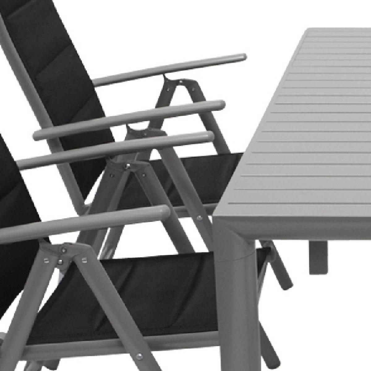 GARTEN-GARNITUR Ashford - 5-teilige Garten-Essgruppe (4x Klappsessel, Aluminium silbergrau + Textilgewebe gepolstert schwarz - Grau, Metall - TPFGarden