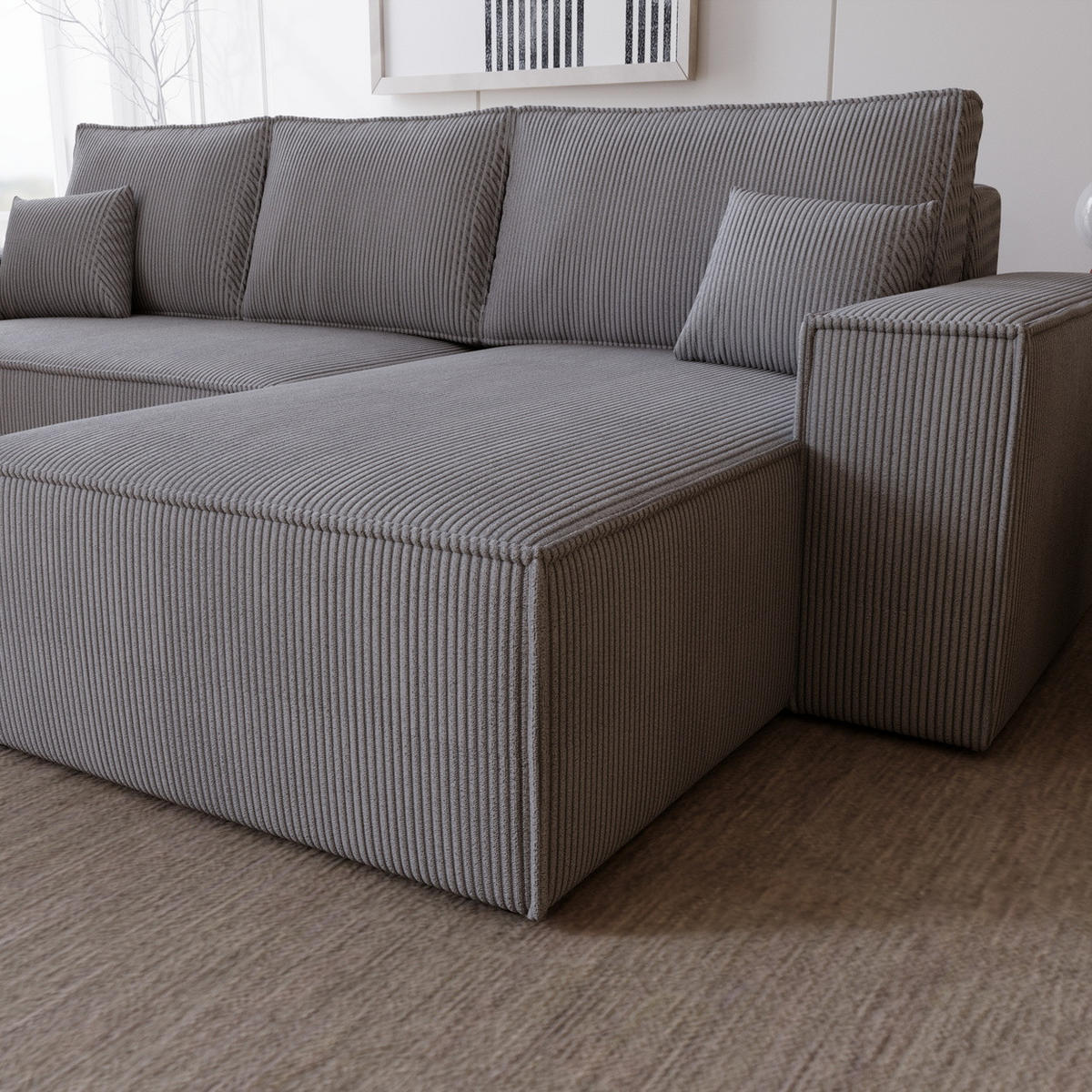 ECKSOFA Bergamo L mit Cordstoff, 280 cm, Schlaffunktion, Rechts - Grau - Grau, Holz (189/277cm) - Emporius