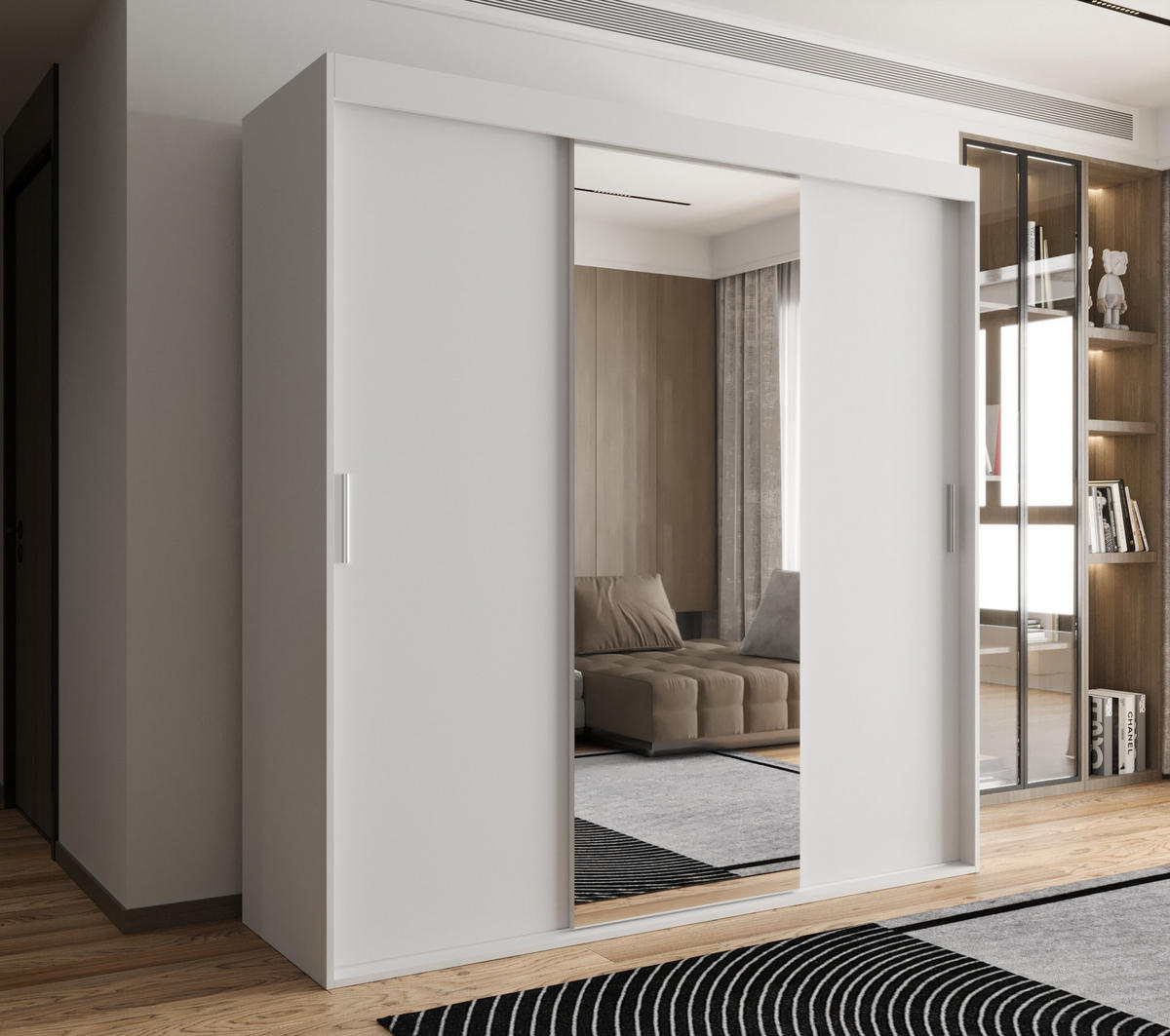 SCHIEBETÜRENSCHRANK OTARIO, 3-türig Kleiderschrank mit 1 Spiegel, Moderne Garderobe, Schrank in Größe: 180 x 205 x 60 cm - Weiß, Holzwerkstoff (180/205/60cm) - O-Sofa