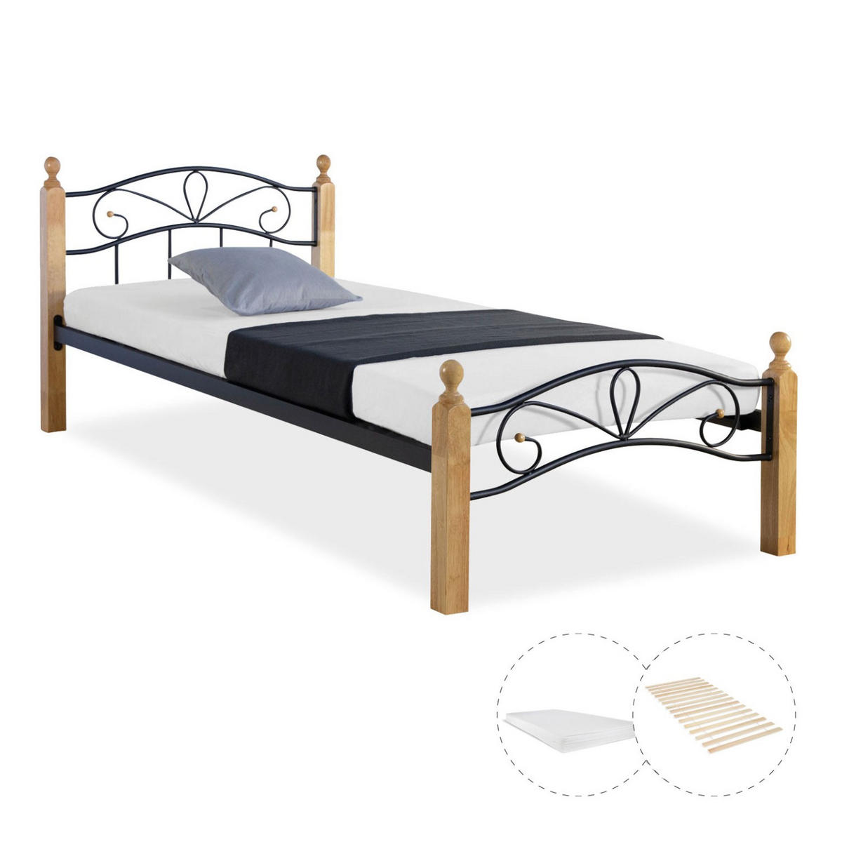 METALLBETT mit Matratze 90/200 cm Schwarz Natur - Schwarz/Naturfarben, Metall (90/200cm) - Homestyle4u