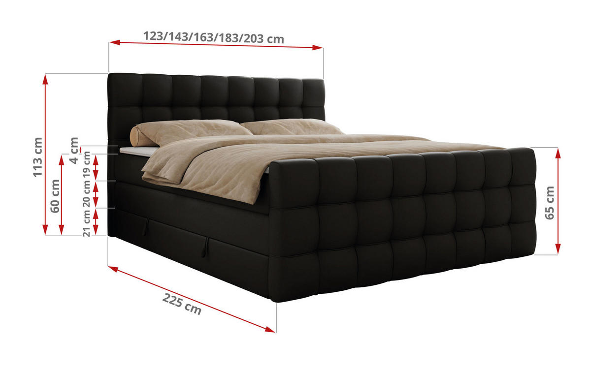 BOXSPRINGBETT ALTIVO KING DUO 180/200 - Schwarz Kunstleder - H4 - Schwarz, Textil (180/200cm) - MKS