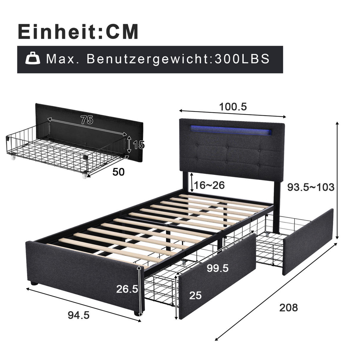 POLSTERBETT 90/200 cm Grau aus Leinen mit LED-Beleuchtung und 2 Schubladen - Grau, Textil (90/200cm) - OKMYHOME