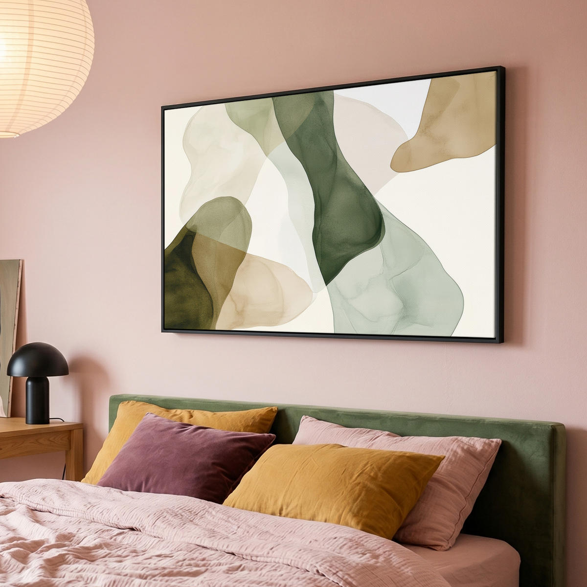 LEINWAND Bilder mit Rahmen - Japandi - Abstrakt - Grün - 140x90 - Salbeigrün, Textil (140/90cm) - MuchoWow