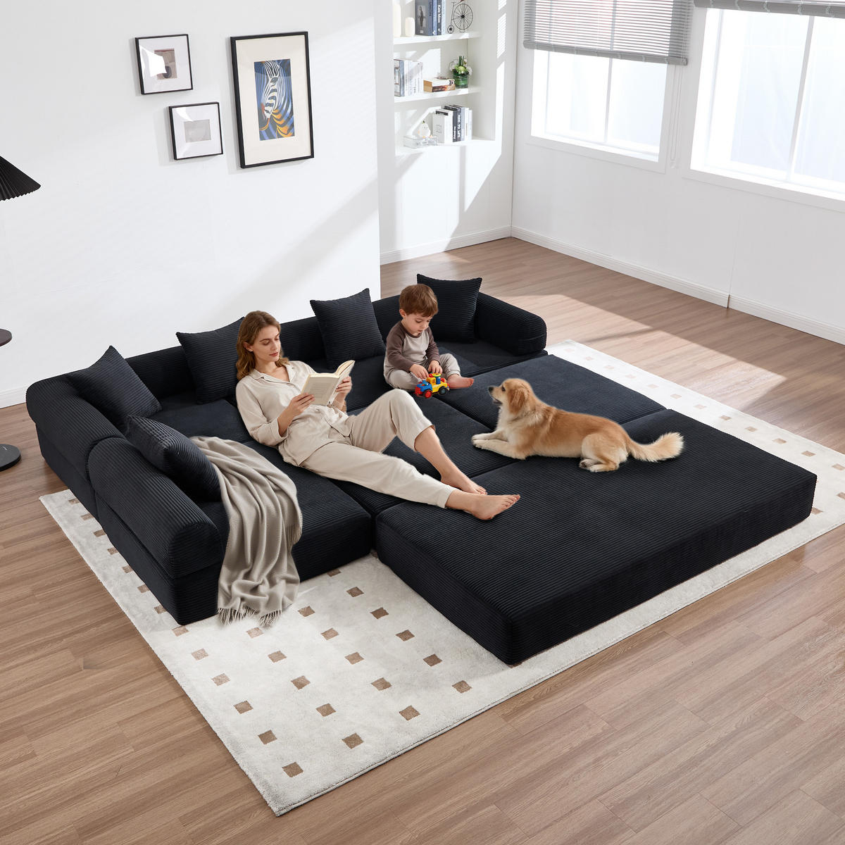 ECKSCHLAFSOFA Modulsofa,Fünfsitzer mit Schlaffunktion,kombinierbar,Cord,Schwarz - Schwarz, Textil (270/180cm) - LVHOM