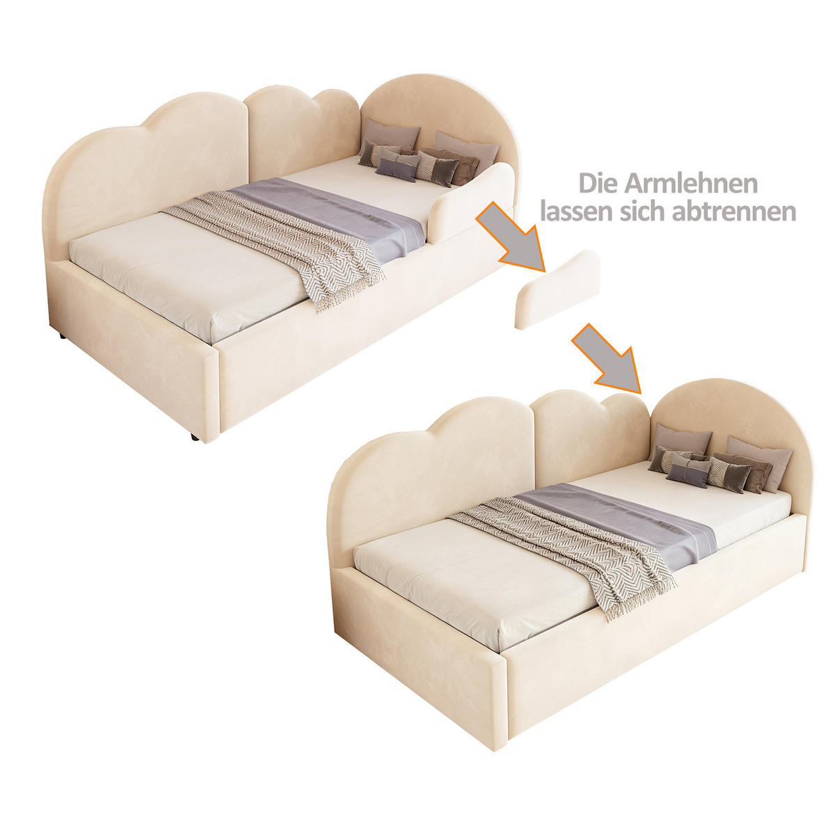 POLSTERBETT Ausziehbares Schlafsofa Samt 90x200 cm Beige ausziehbar, L-Form mit Wolkenkopfteil - Beige, Textil (90/200cm) - Modfu