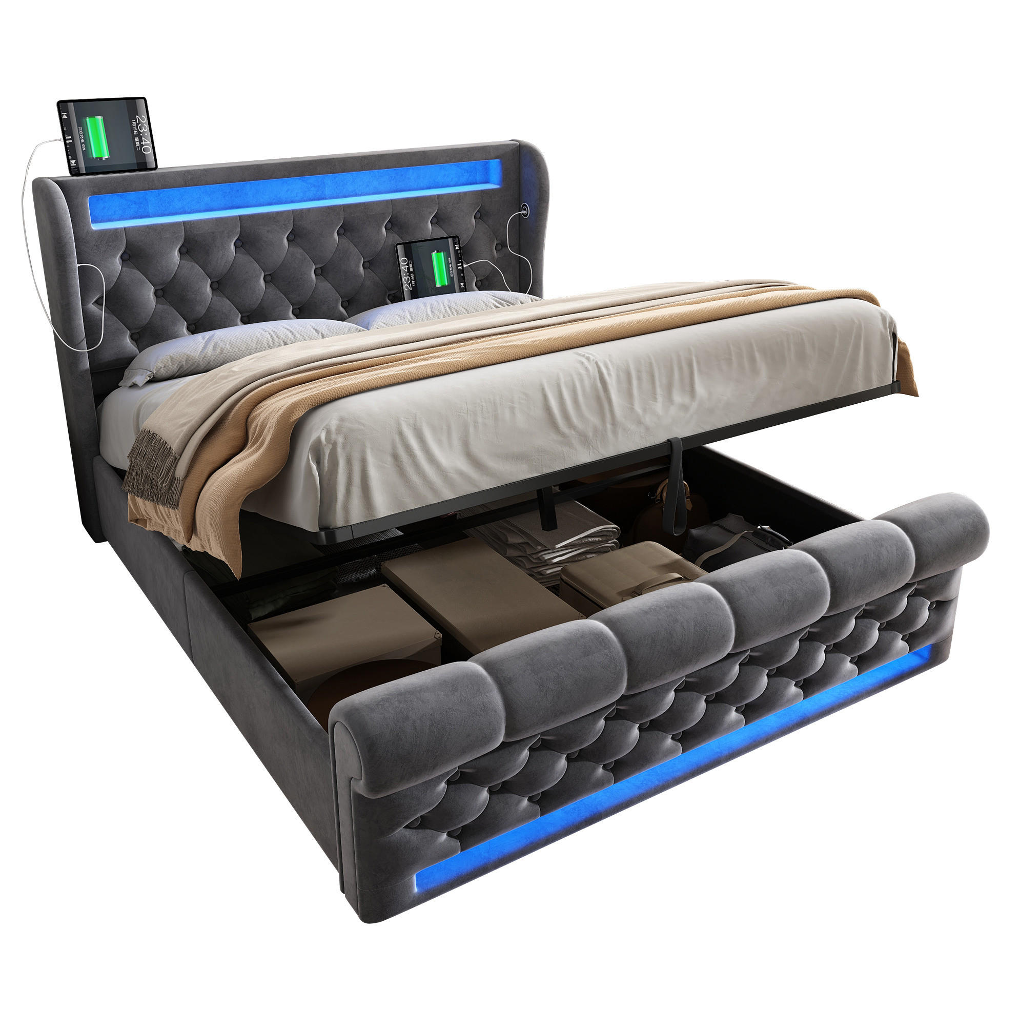 POLSTERBETT 140/200 cm mit hydraulischem Bettkasten, LED & USB/Type-C, Samt Grau - Grau, Textil (140/200cm) - Redom