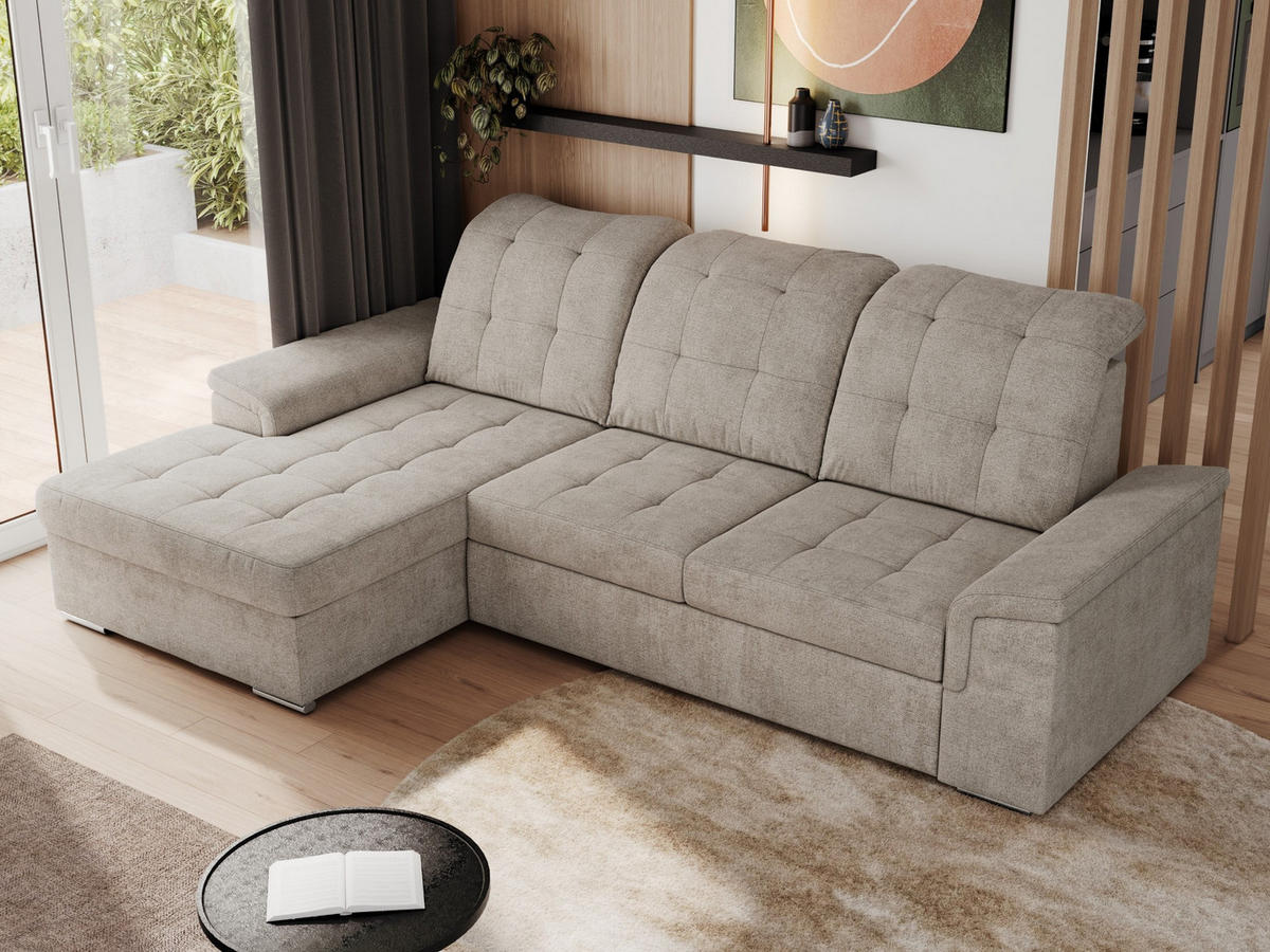 ECKSOFA MADRITO L - Beige Struktur - Links - Beige/Silberfarben, Textil/Metall (160/256cm)