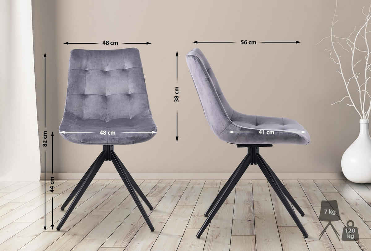 DREHSTUHL Samt dunkelgrau - Dunkelgrau/Schwarz, Textil/Metall (48/82/56cm) - CLP
