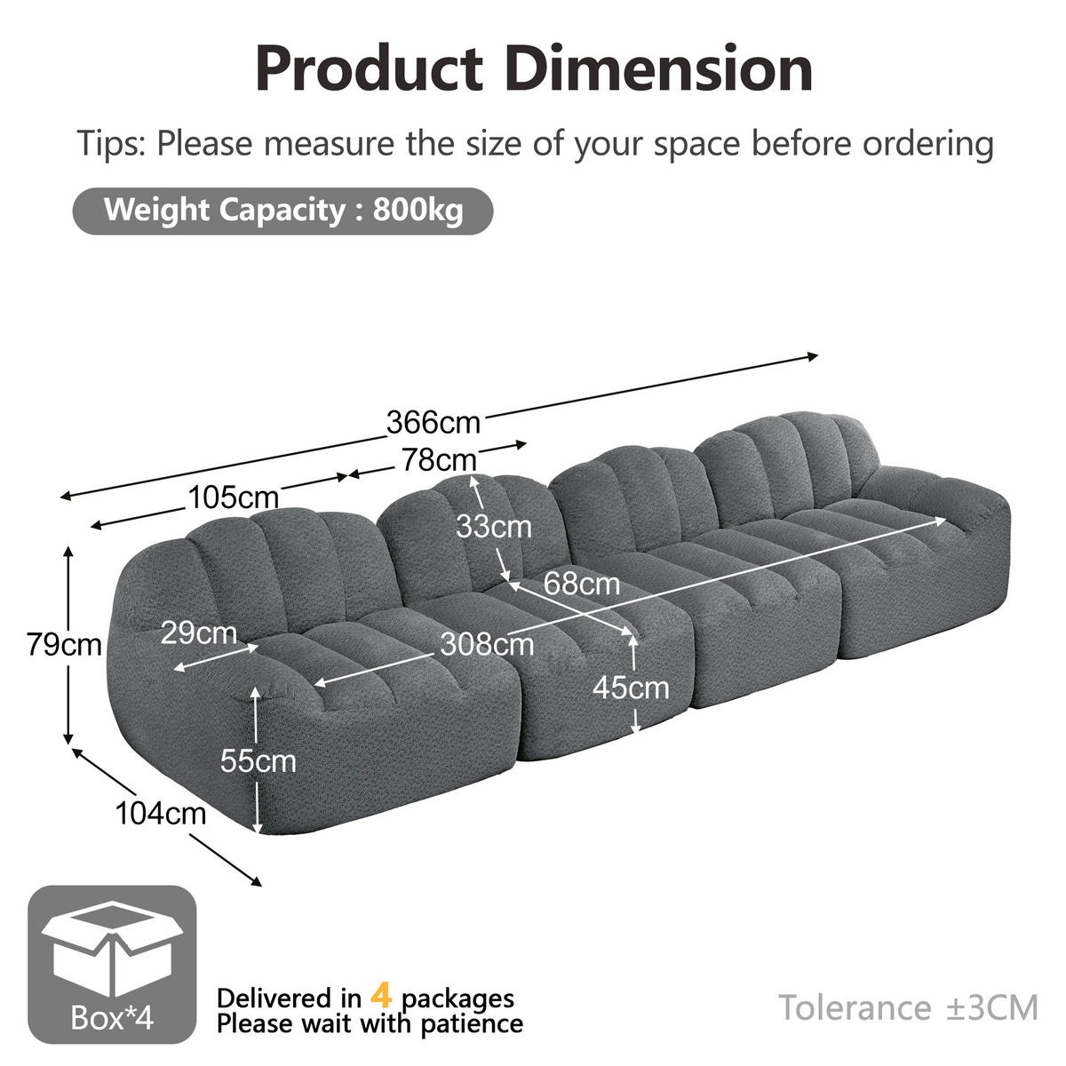 4-SITZER SOFA Granulierte Fleece Grau - Grau, Textil (366/79/104cm) - WISHDOR