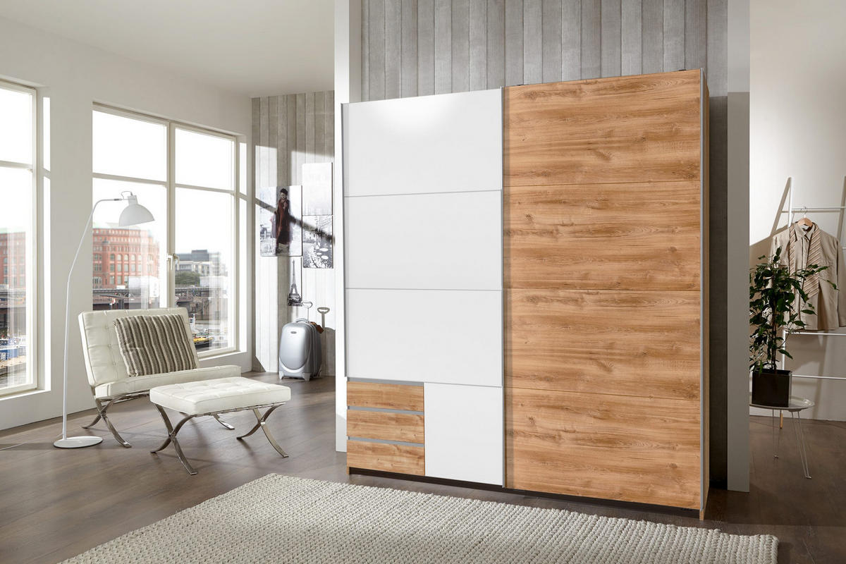 KLEIDERSCHRANK Emden in Plankeneiche Weiß - Schwebetürenschrank Breite 179 cm ohne Spiegel - Braun, Holzwerkstoff (179/198/65cm)