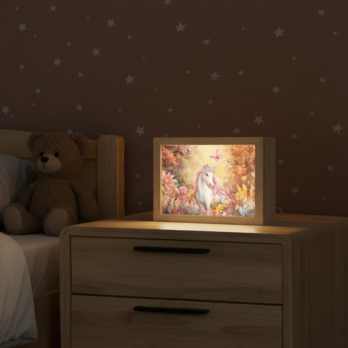 NACHTTISCHLAMPE Einhorn - Blumen - Schmetterling - Rosa 20x15 cm - Beige, Holzwerkstoff (8/20/15cm)