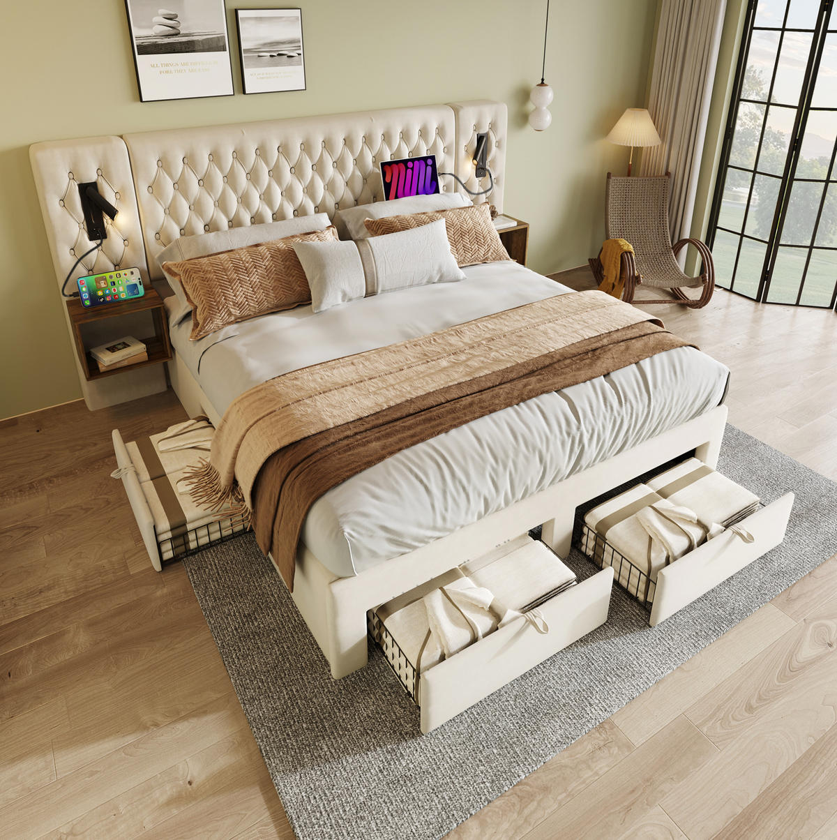BETTANLAGE mit 2 Nachttischen 160x200 cm Samt Beige - Beige, Metall (160/200cm) - Meubliv