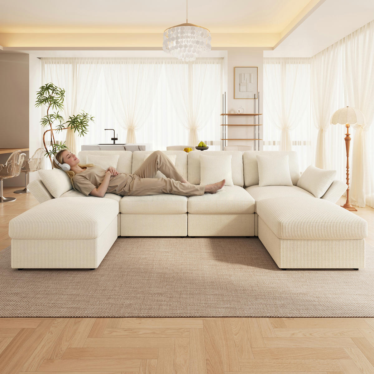 WOHNLANDSCHAFT 5-Sitzer Cord Beige mit verstellbaren Armlehnen und mit Hocker - Beige, Kunststoff/Textil (290/89/159.5cm) - WISHDOR