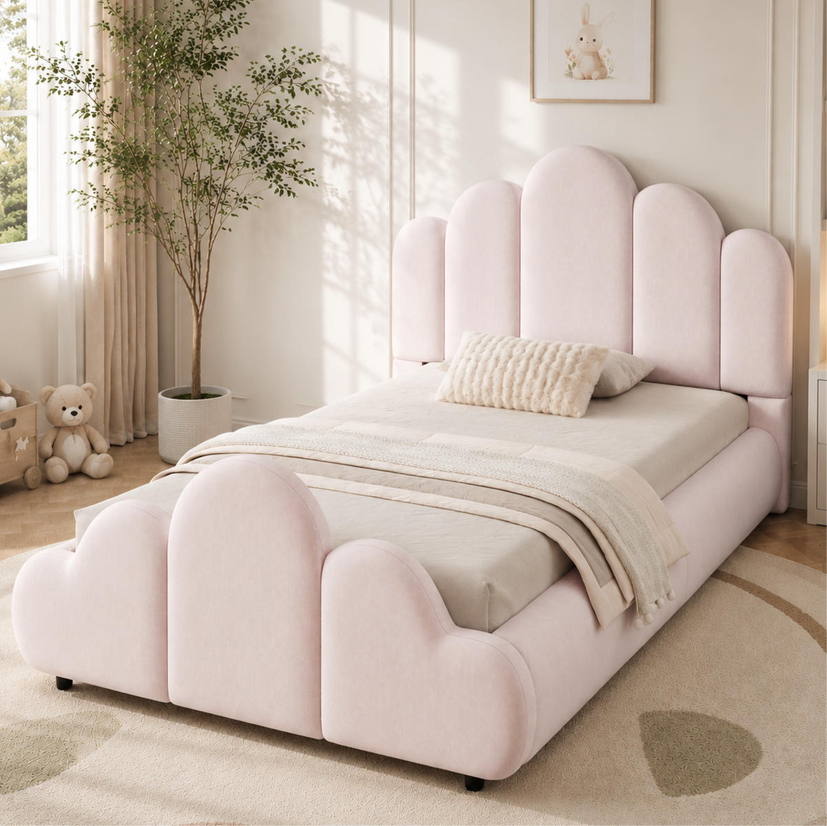 BETT 90/200 cm in Rosa aus Samt mit gepolstertem Kopfteil - Pink, Textil (90/200cm) - Flora Grace