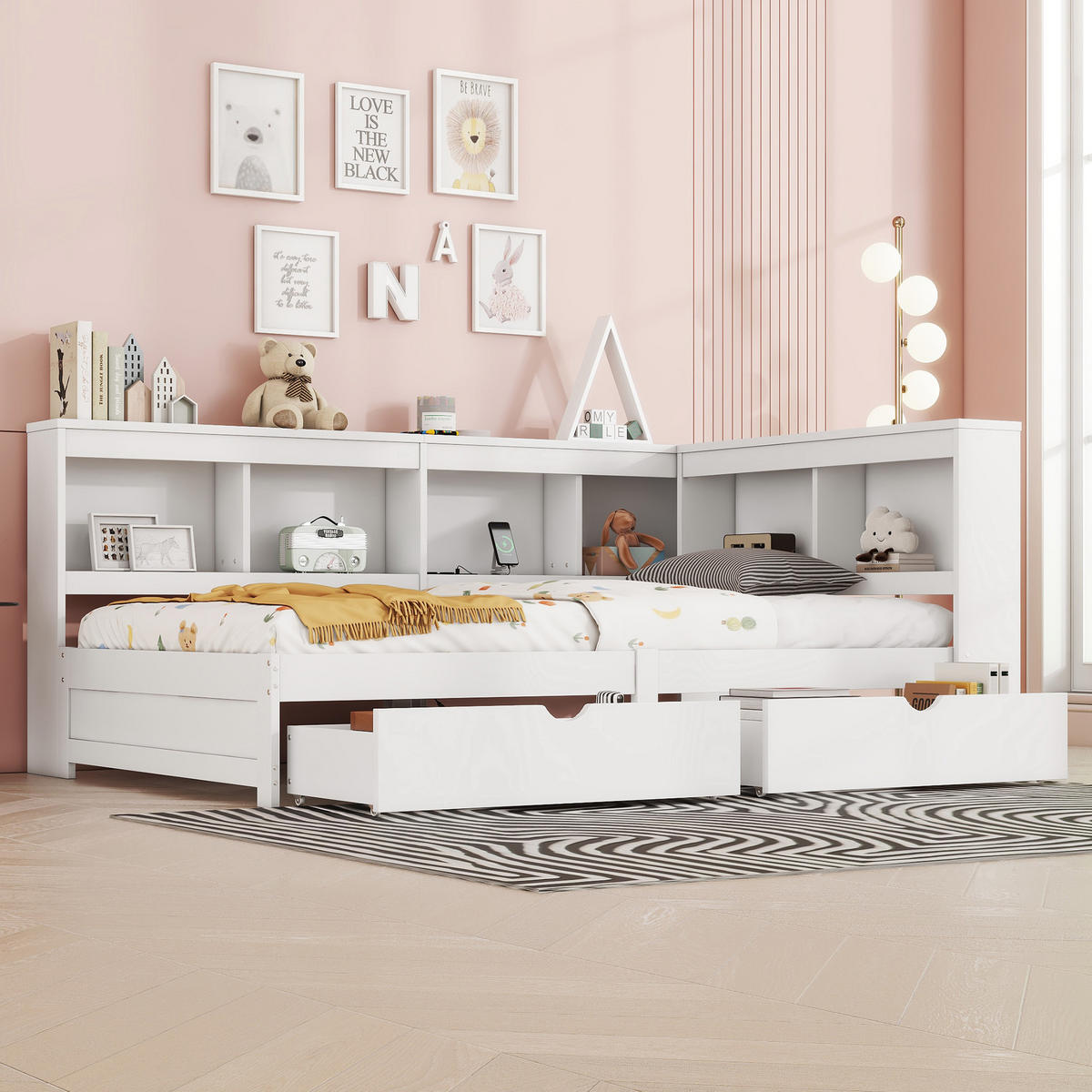 TAGEBETT 90x200cm Weiß Spanplatte 2 Schubladen Steckdose USB - Weiß, Holz (90/200cm) - FLIEKS