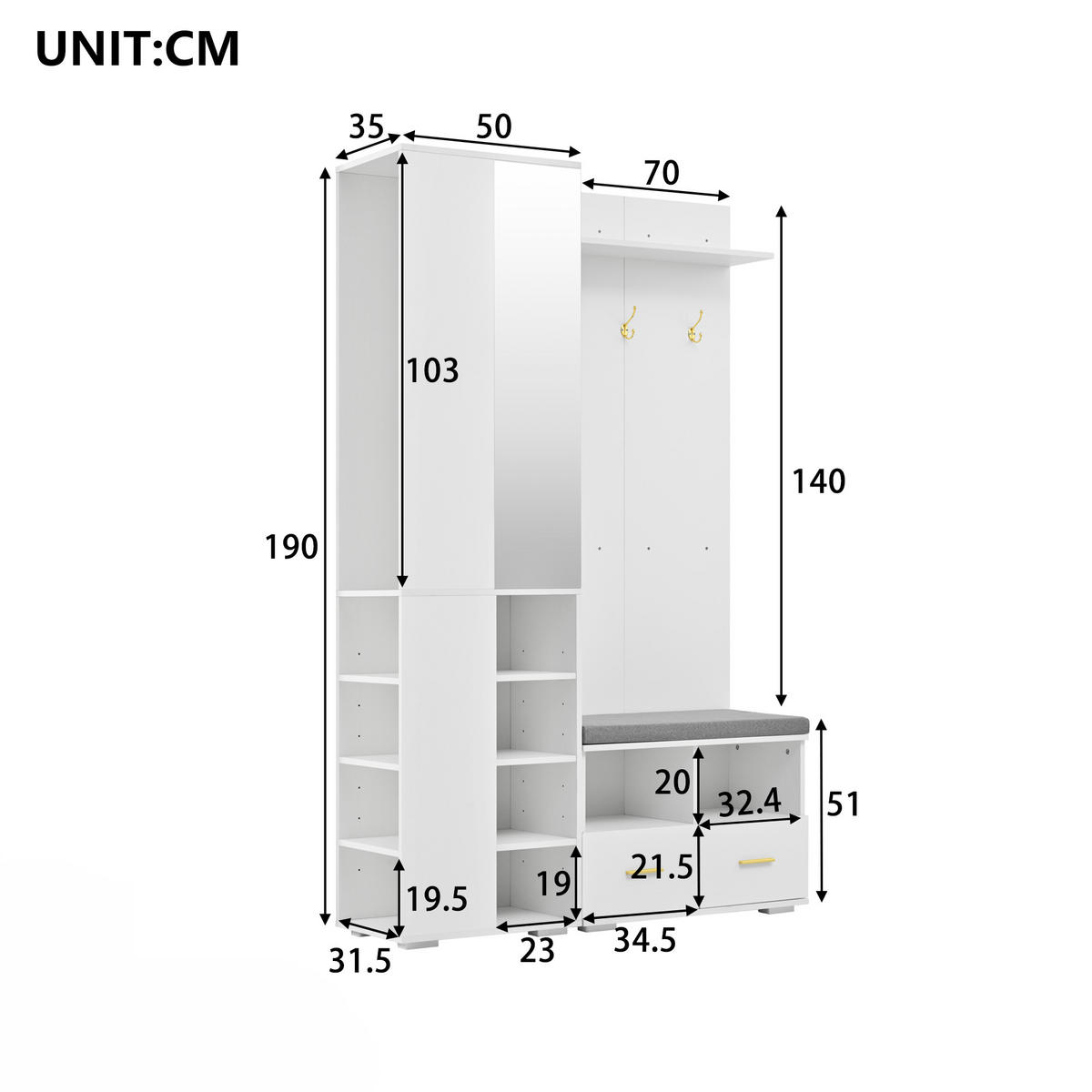 GARDEROBENSET, Spiegel, Schuhbank, 3 Haken, Weiß, 120x35x190cm - Weiß, Holzwerkstoff (35/190/120cm) - FLIEKS