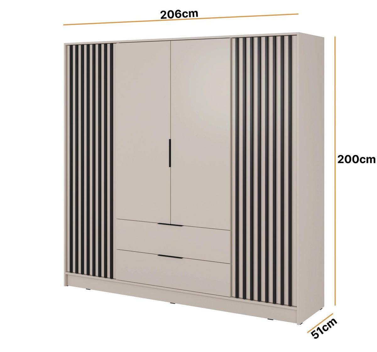 KLEIDERSCHRANK Stilo in Kaschmir, vier Türen, mit Spiegel und Lamellen an der Front - Kaschmir/Schwarz, Holzwerkstoff/Kunststoff (206/200/51cm) - Ravio