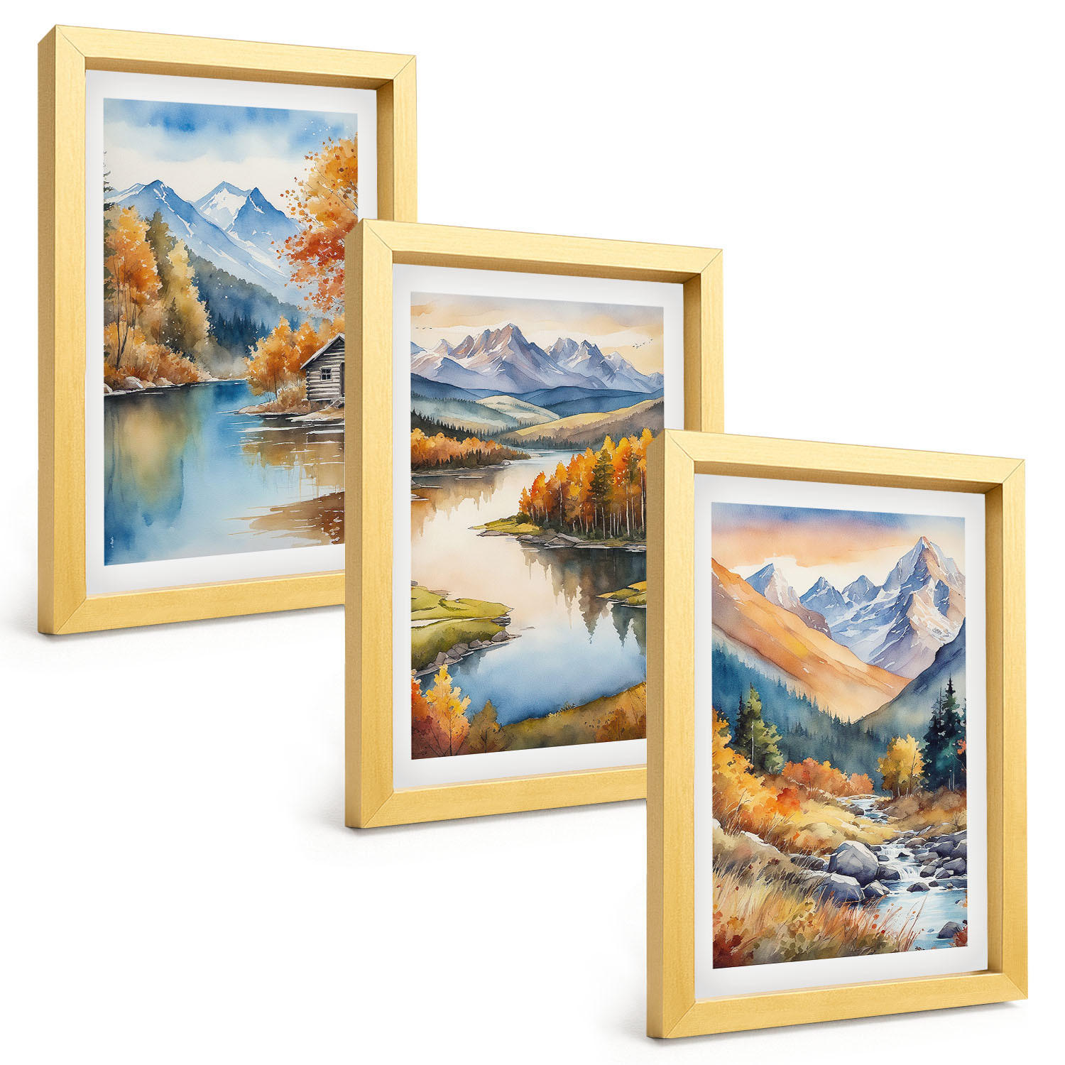 BILDER SET 3er Set - 20x30 cm Goldrahmen - Gebirgsflüsse, Herbstbäume - Goldfarben, Kunststoff (20/30cm) - TULUP