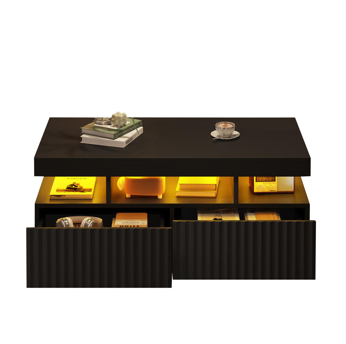 COUCHTISCH aus Spanplatte 100x50x45 cm Schwarz mit 2 Schubladen, offener Ablage und LED-Beleuchtung - Schwarz, Holzwerkstoff (100/50/45cm) - Modfu