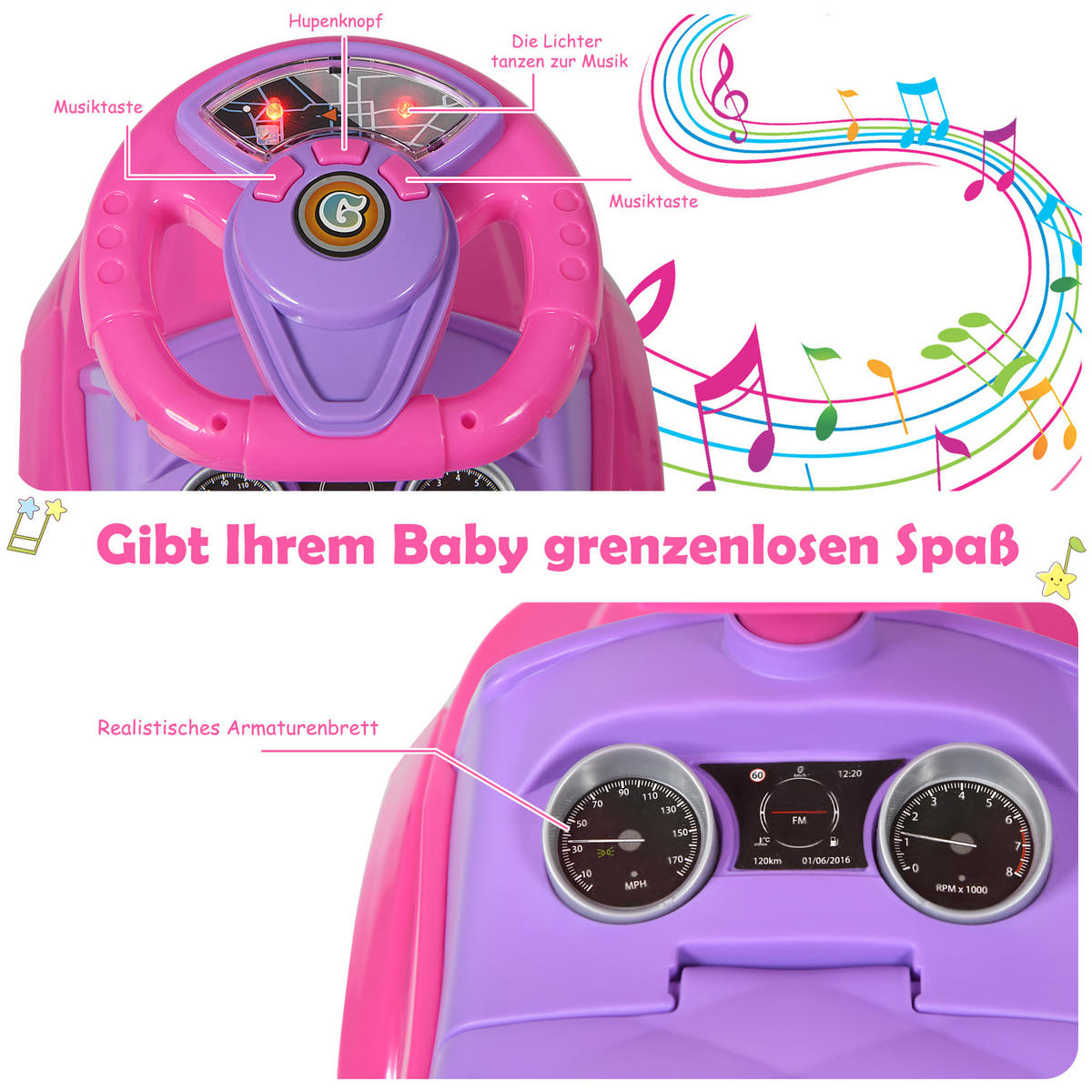 SCHIEBEWAGEN Rosa - Pink, Kunststoff (43/84/89cm) - COSTWAY