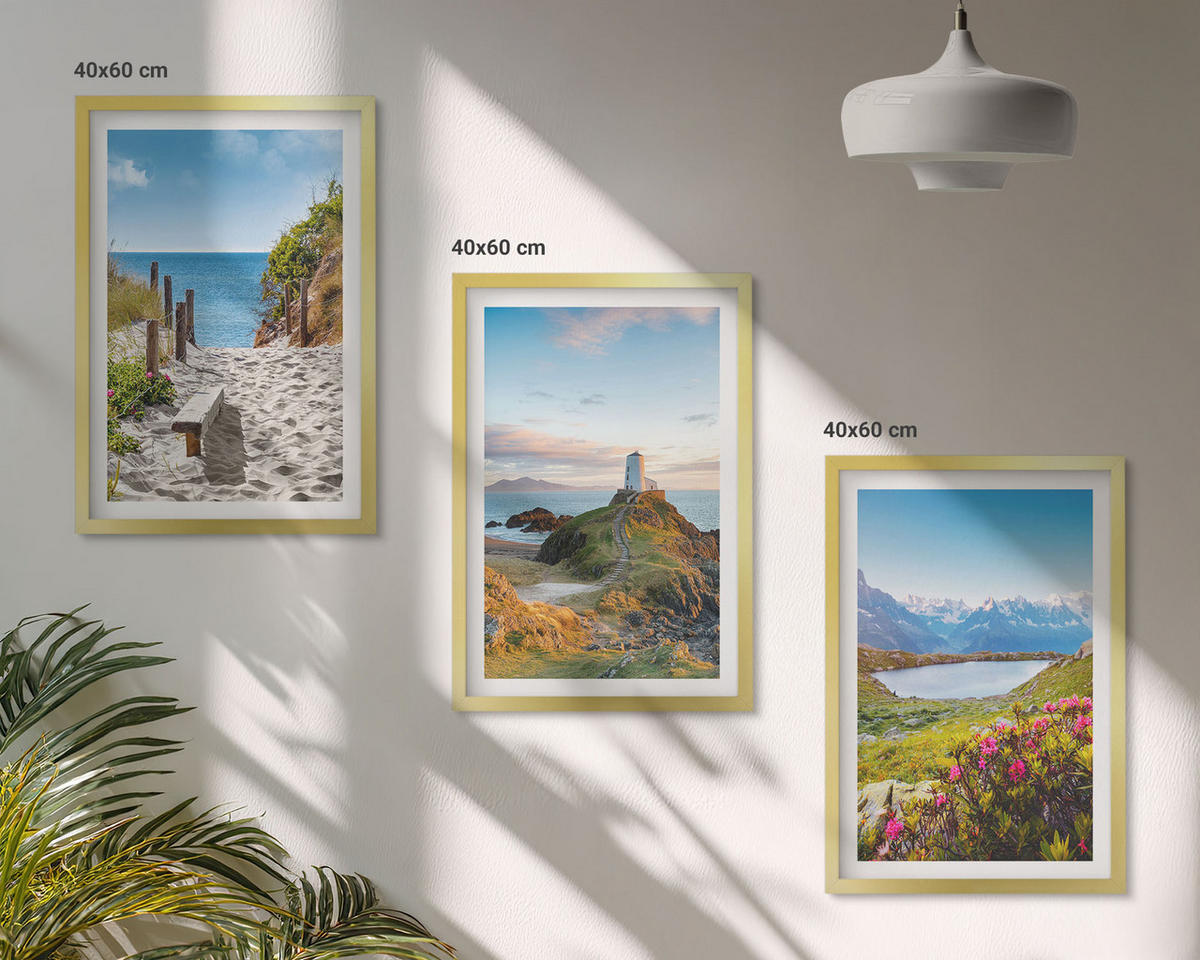 WANDBILDER 3er Set - 40x60 cm Goldrahmen - Strand, Leuchtturm, Berge, Blumen - Goldfarben, Kunststoff (40/60cm) - ArtPrintCave