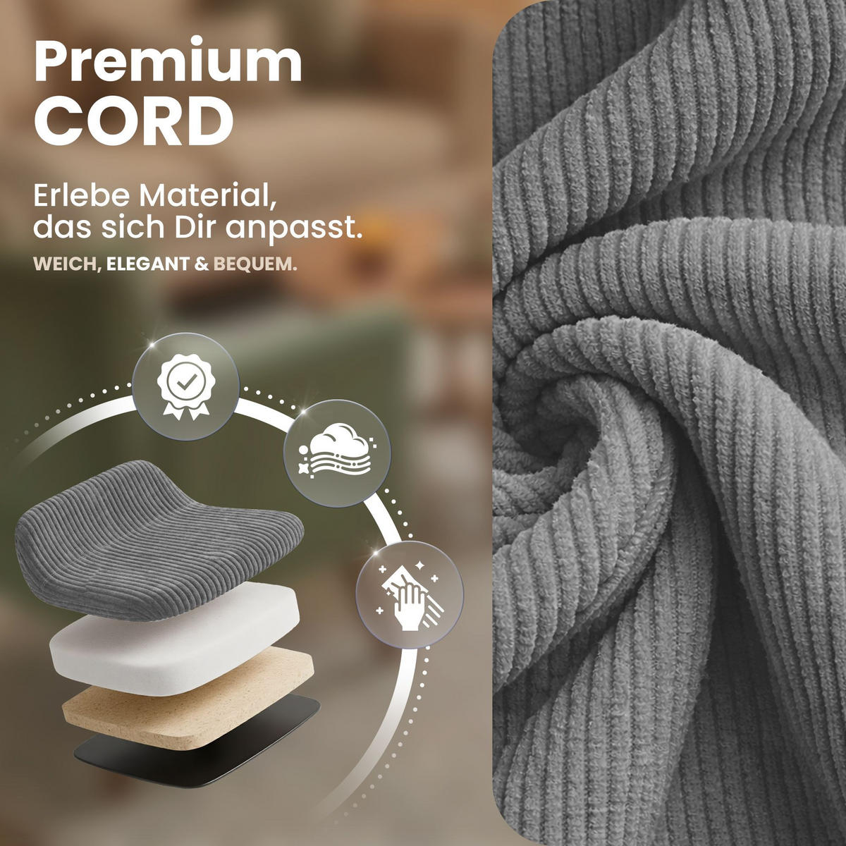 ARMLEHNENSTUHL Cord Grau - Schwarz/Grau, Textil/Metall (60/81/59cm) - CLP