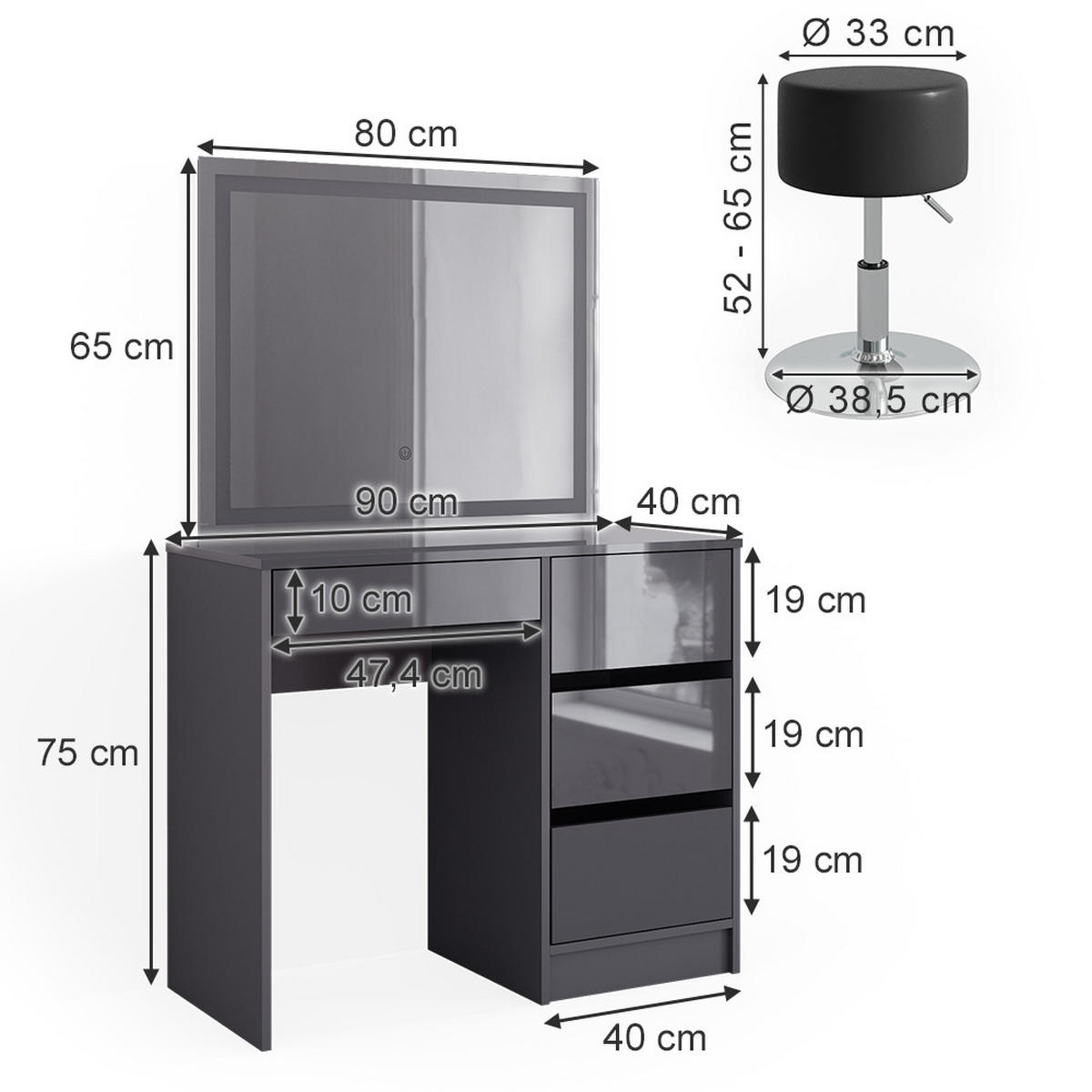 SCHMINKTISCH Sherry Anthrazit 90 cm mit LED Spiegel und Hocker - Anthrazit, Holzwerkstoff (90/75/40cm) - Vicco